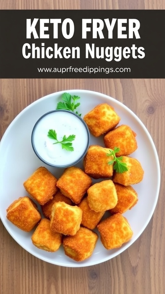 Crispy keto air fryer chicken nuggets on a plate with dipping sauce and parsley.